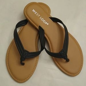 Ladies Flat Sandals Faux Leather Black